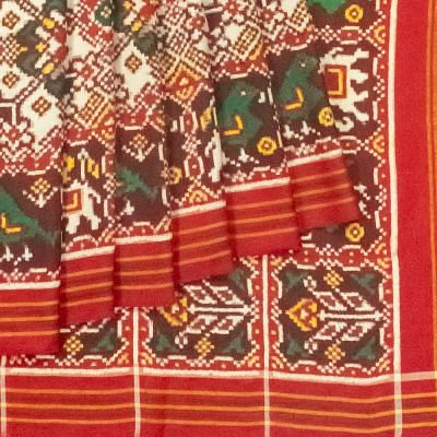 Natural Dye Patan Patola Silk Double Ikat Navratna Off White Saree