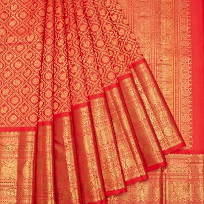 Kanchipuram Silk Criss Cross Checks And Butta Red Saree