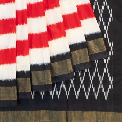 Pochampally Silk Ikat Horizontal Lines Red And White Saree