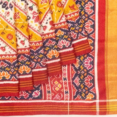 Natural Dye Patan Patola Silk Double Ikat Yellow And White Saree