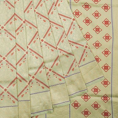 Banarasi Silk Criss Cross Checks And Butta Pista Green Saree