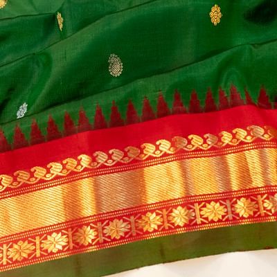 Gadwal Silk Butta Bottle Green Saree