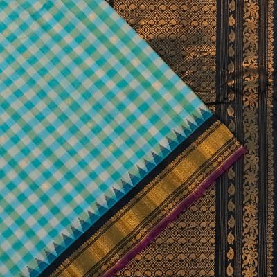 Gadwal Cotton Checks And Butta White And Sky Blue Saree