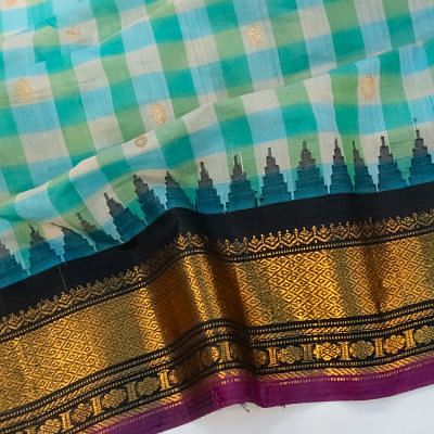 Gadwal Cotton Checks And Butta White And Sky Blue Saree