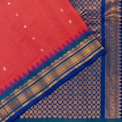 Gadwal Cotton Checks And Butta Pinkish Red Saree