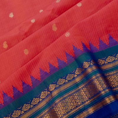 Gadwal Cotton Checks And Butta Pinkish Red Saree