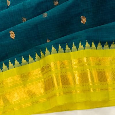 Gadwal Cotton Checks And Butta Teal Blue Saree