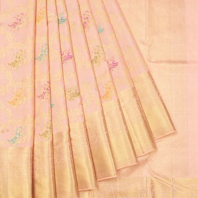 Kanchipuram Silk Jaal Radha Krishna Peach Saree With Meenakari