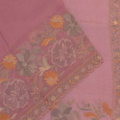 Organza Horizontal Lines Pink Saree With Embroidery And Scallop Border