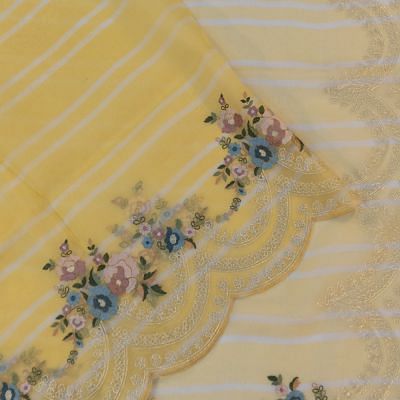 Organza Horizontal Lines Lemon Yellow Saree With Embroidery And Scallop Border