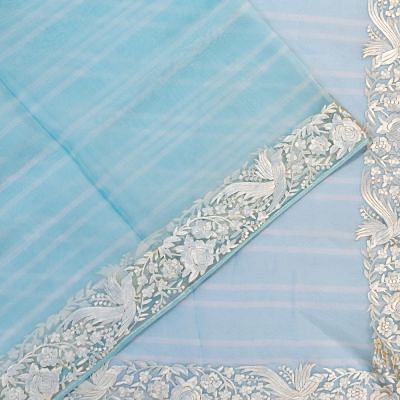 Organza Horizontal Lines Sky Blue Saree With Embroidery Border