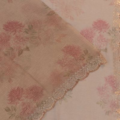 Organza Crushed Tissue Floral Printed Peach Saree With Scallop Border