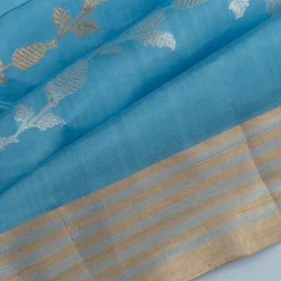 Banarasi Katan Silk Half And Half Jaal And Butta Sky Blue Saree