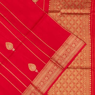 Banarasi Katan Silk Vertical Lines And Butta Pinkish Red Saree