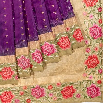 Chanderi Silk Butta Purple Saree With Embroidery Border