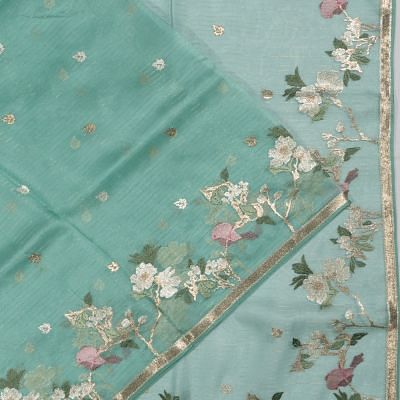 Organza Horizontal Lines Sea Green Saree