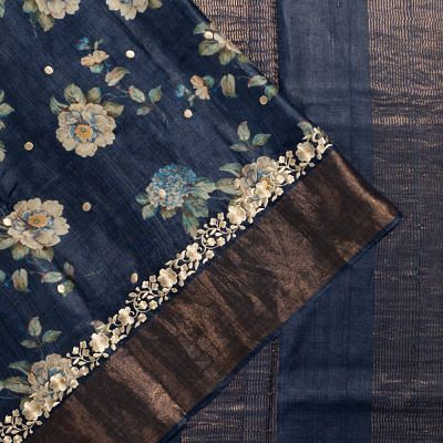 Tussar Floral Printed And Butta Dark Blue Saree