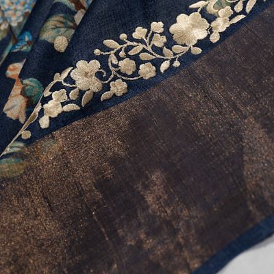 Tussar Floral Printed And Butta Dark Blue Saree