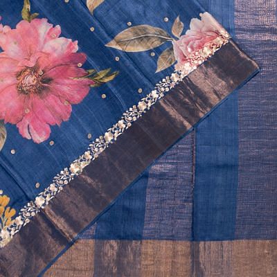 Tussar Floral Printed Royal Blue Saree