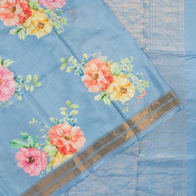 Banarasi Katan Silk Checks And Floral Printed Pastel Blue Saree