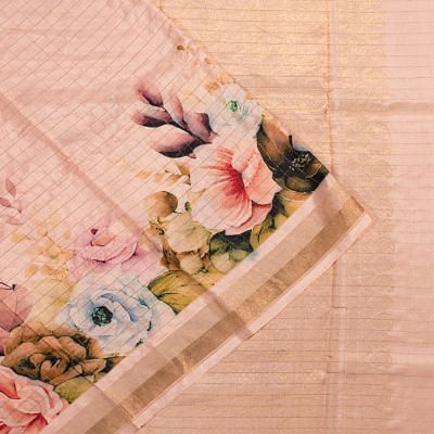 Banarasi Katan Silk Checks And Floral Printed Peach Saree