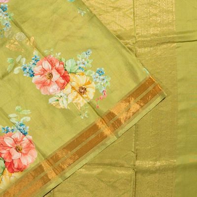 Banarasi Katan Silk Floral Printed Butta Green Saree