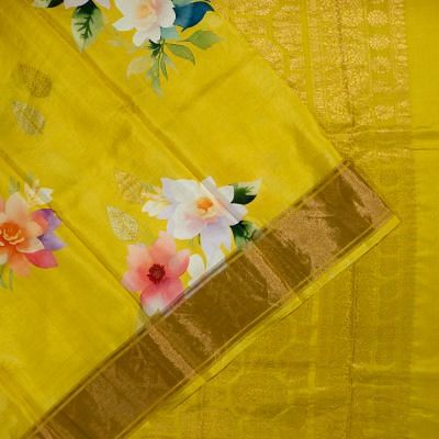 Banarasi Katan Silk Floral Printed Butta Yellow Saree