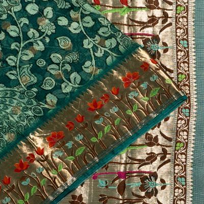 Kota Soft Silk Floral Printed Teal Green Saree