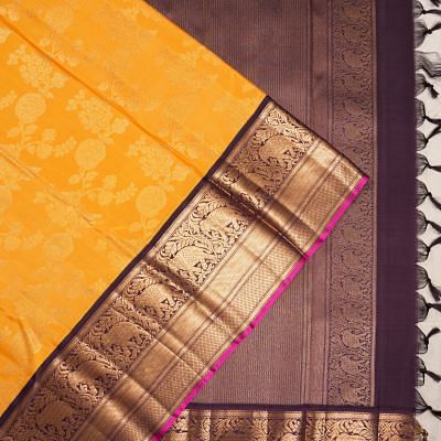 Kanchipuram Silk Jaal Yellow Saree