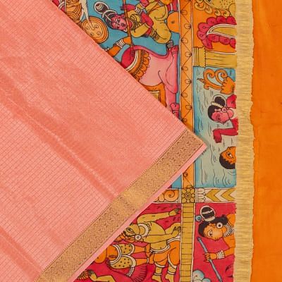 Georgette Crepe Checks Peach Saree With Kalamkari Pallu