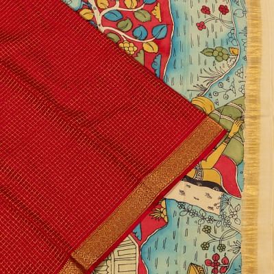 Georgette Crepe Checks Red Saree With Kalamkari Pallu