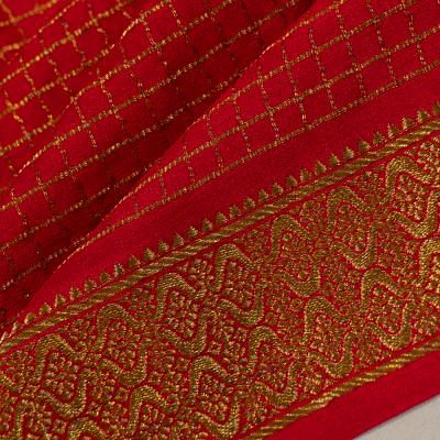 Georgette Crepe Checks Red Saree With Kalamkari Pallu