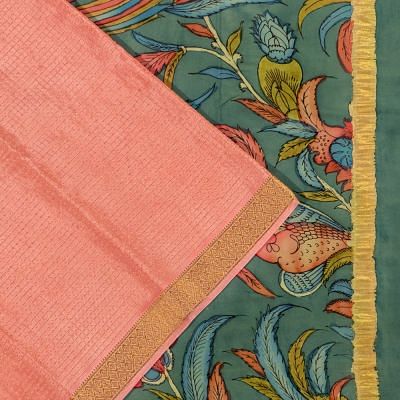 Georgette Crepe Checks Peach Saree With Kalamkari Pallu