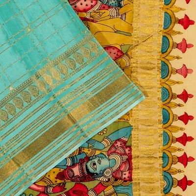 Georgette Crepe Checks Sky Blue Saree With Kalamkari Pallu