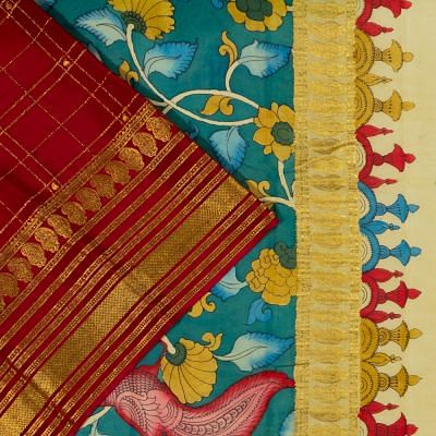 Georgette Crepe Checks Maroon Saree With Kalamkari Pallu