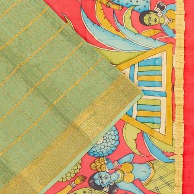 Georgette Crepe Checks Pista Green Saree With Kalamkari Pallu