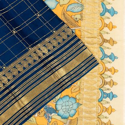 Georgette Crepe Checks Dark Blue Saree With Kalamkari Pallu