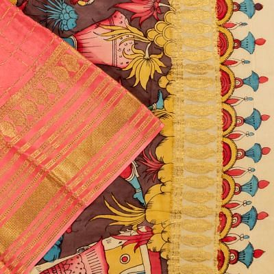 Georgette Crepe Checks Peach Saree With Kalamkari Pallu