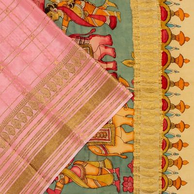 Georgette Crepe Checks Baby Pink Saree With Kalamkari Pallu