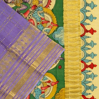 Georgette Crepe Checks Lavender Saree With Kalamkari Pallu