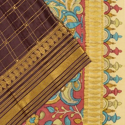 Georgette Crepe Checks Brown Saree With Kalamkari Pallu