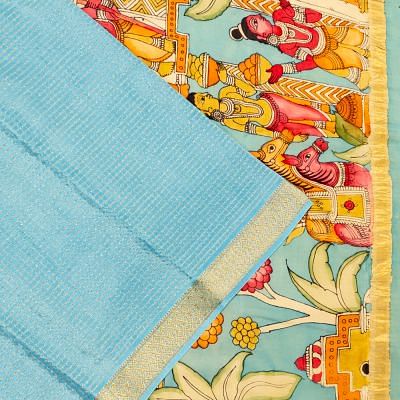 Georgette Crepe Checks Sky Blue Saree With Kalamkari Pallu