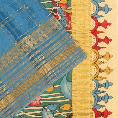 Georgette Crepe Checks Powder Blue Saree With Kalamkari Pallu