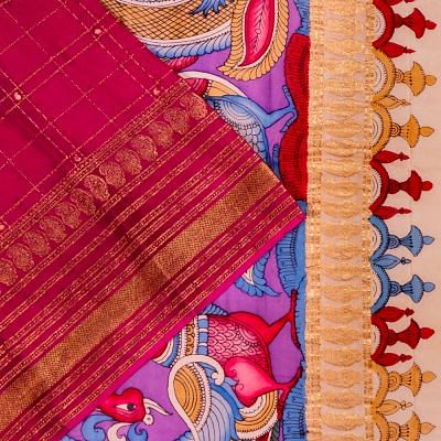 Georgette Crepe Checks Pink Saree With Kalamkari Pallu