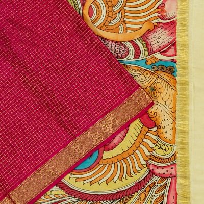 Georgette Crepe Checks Pink Saree With Kalamkari Pallu