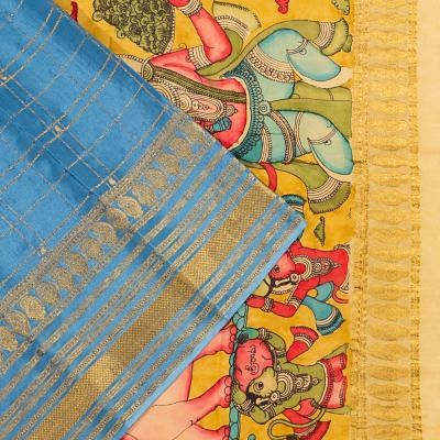 Georgette Crepe Checks Powder Blue Saree With Kalamkari Pallu