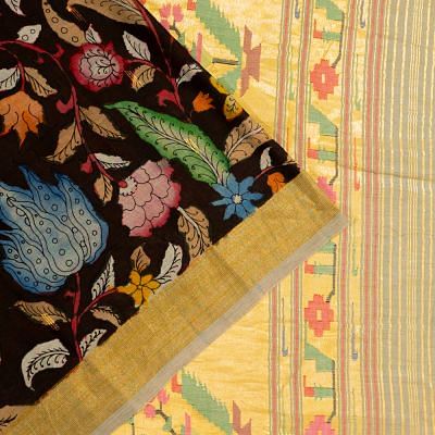 Paithani Cotton Kalamkari Hand Painted Black Saree