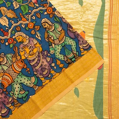 Paithani Cotton Kalamkari Hand Painted Dark Blue Saree