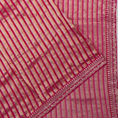 Organza Vertical Lines Pink Saree With Embroidery Border