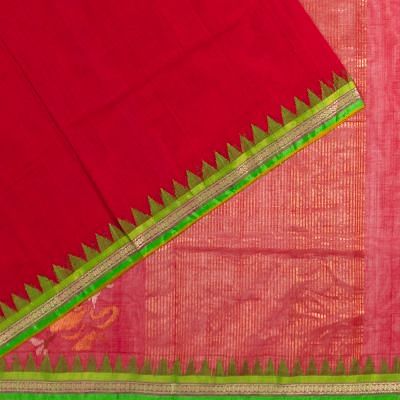 Ponduru Handspun Cotton Plain Red Saree With Jamdani pallu